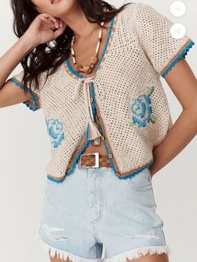 Spell Coastal Granny Crochet Tie-Front Rose Cardigan - Cream & Blue